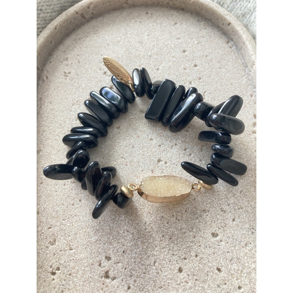 Plunder Black Beaded Stretch Bracelet Gold Tone Druzy Bar Statement Glam Couture